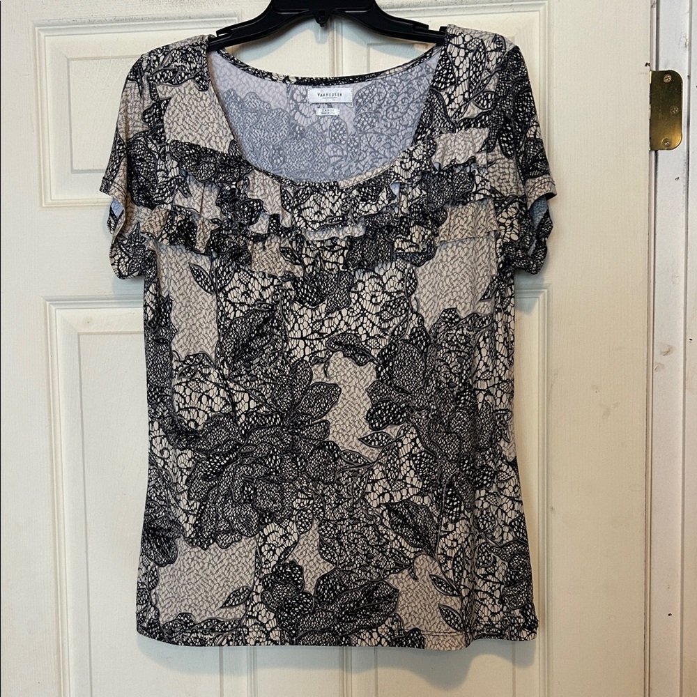 Van Heusen Black and Cream Floral Ruffle Top Size Large